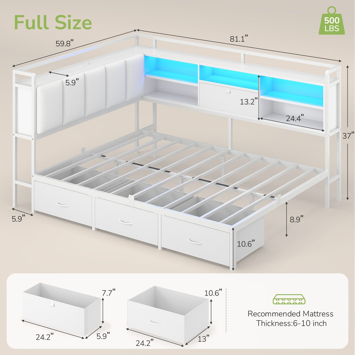 Hasuit | Corner Bed Frame with 3 Storage Drawers Convertible Daybed with Upholstered and Storage Headboard White