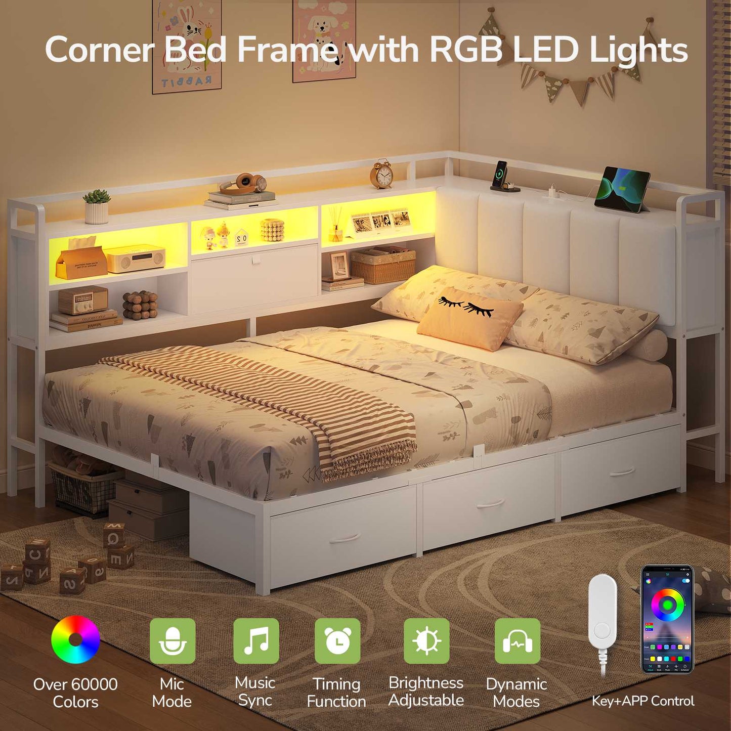 Hasuit | Corner Bed Frame with 3 Storage Drawers Convertible Daybed with Upholstered and Storage Headboard White
