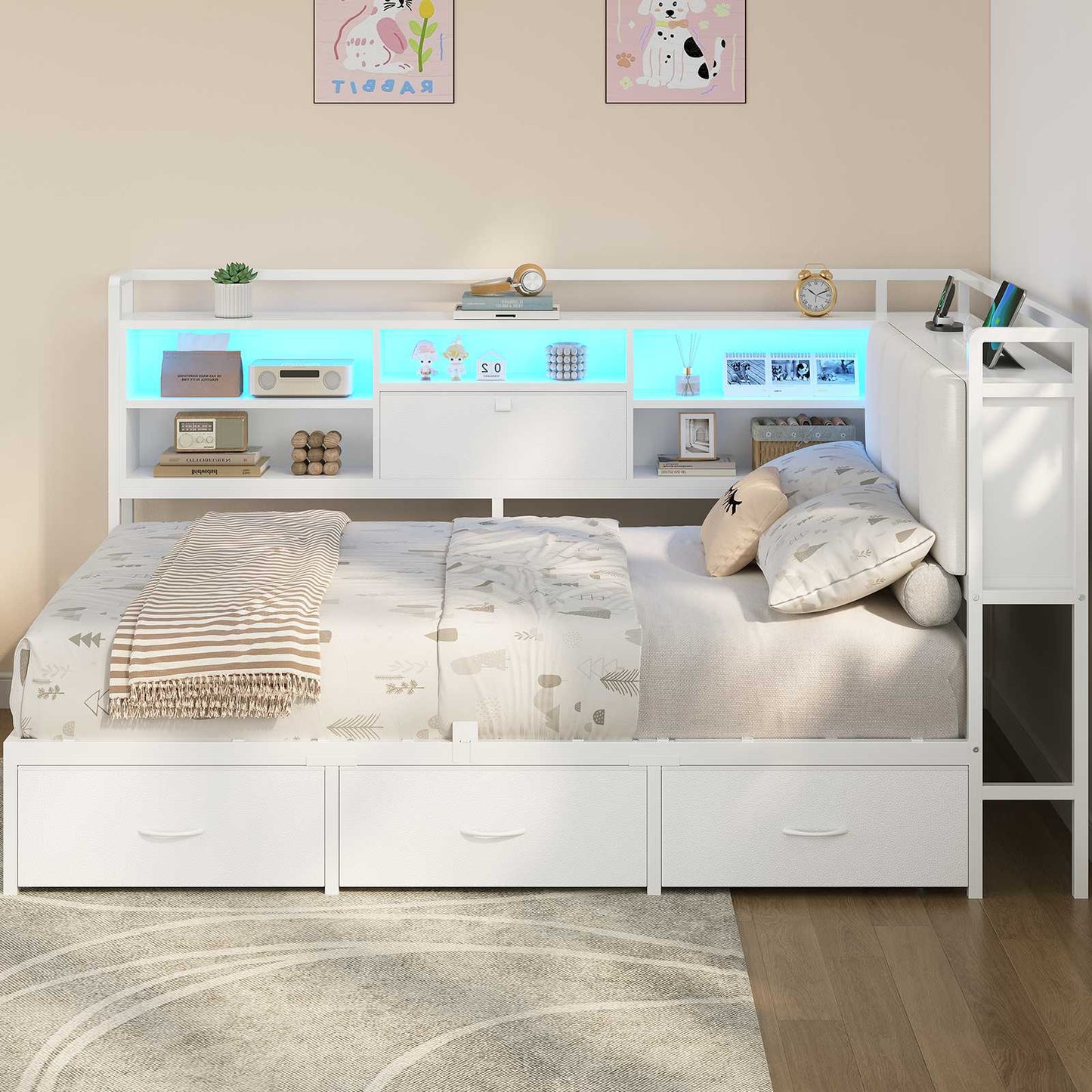 Hasuit | Corner Bed Frame with 3 Storage Drawers Convertible Daybed with Upholstered and Storage Headboard White