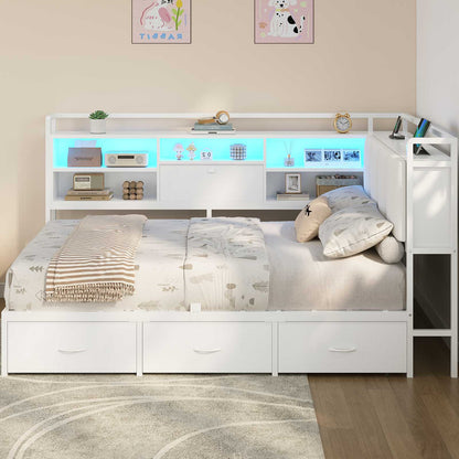 Hasuit | Corner Bed Frame with 3 Storage Drawers Convertible Daybed with Upholstered and Storage Headboard White