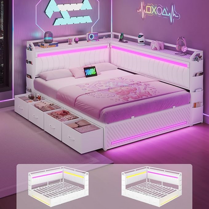 Hasuit | Corner Bed Frame with 4 Storage Drawers Convertible Daybed with Leather Upholstered and LED Light Esports Style