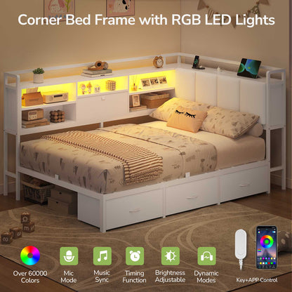 Hasuit | Corner Bed Frame with 3 Storage Drawers Convertible Daybed with Upholstered and Storage Headboard White