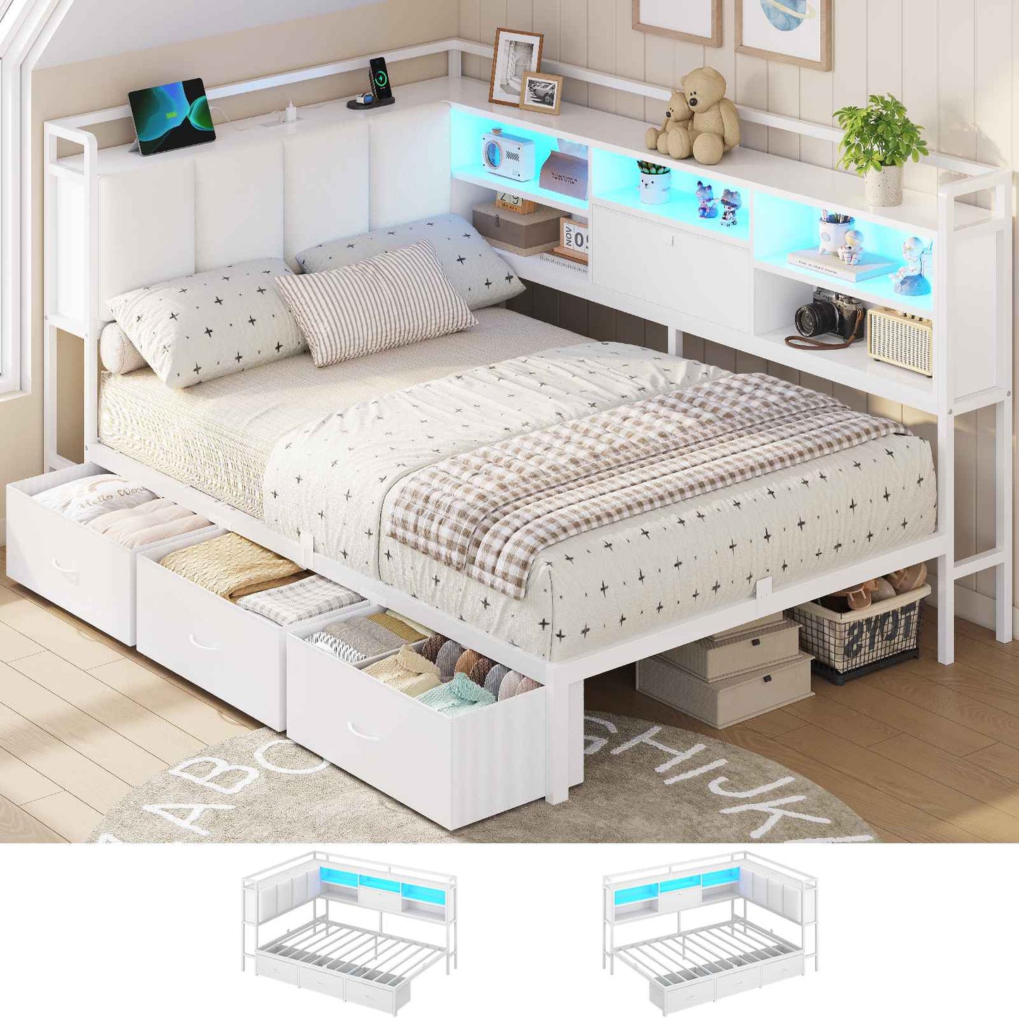 Hasuit | Corner Bed Frame with 3 Storage Drawers Convertible Daybed with Upholstered and Storage Headboard White