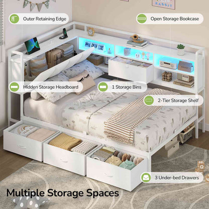 Hasuit | Corner Bed Frame with 3 Storage Drawers Convertible Daybed with Upholstered and Storage Headboard White