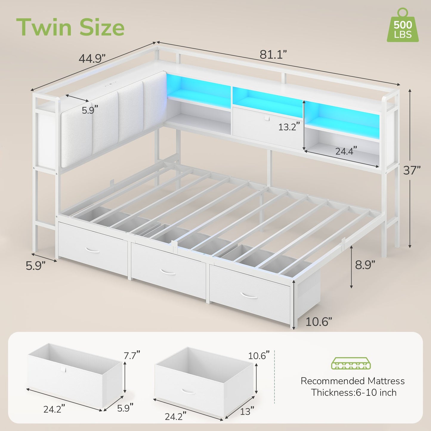 Hasuit | Corner Bed Frame with 3 Storage Drawers Convertible Daybed with Upholstered and Storage Headboard White