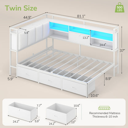Hasuit | Corner Bed Frame with 3 Storage Drawers Convertible Daybed with Upholstered and Storage Headboard White