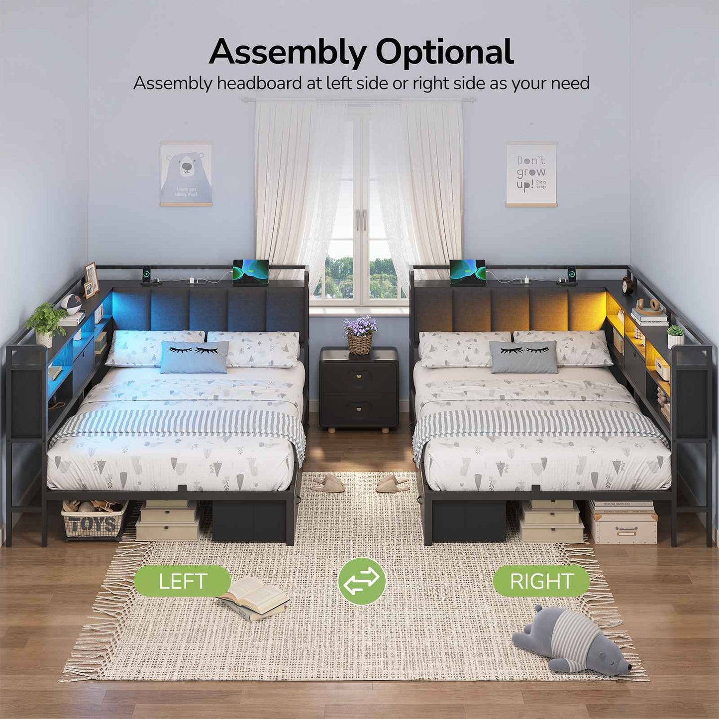Hasuit | Corner Bed Frame with 3 Storage Drawers Convertible Daybed with Upholstered and Storage Headboard Black