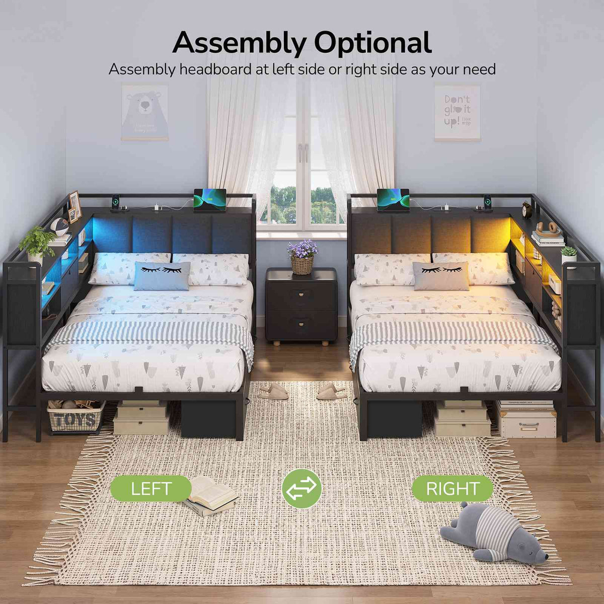 Hasuit | Corner Bed Frame with 3 Storage Drawers Convertible Daybed with Upholstered and Storage Headboard Black