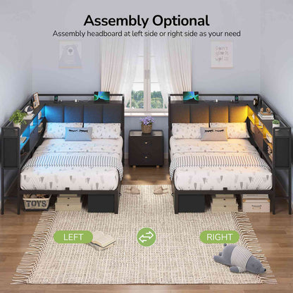 Hasuit | Corner Bed Frame with 3 Storage Drawers Convertible Daybed with Upholstered and Storage Headboard Black