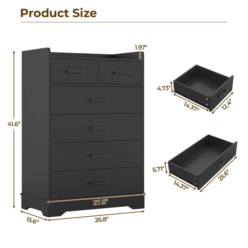Hasuit | 26.8 Inch Dresser Wooden Storage Chest of 6 Drawers Vertical Large Capacity Clothing Storage Organizer Tall Dressers