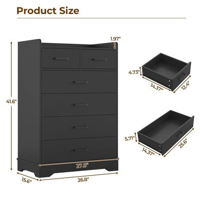 Hasuit | 26.8 Inch Dresser Wooden Storage Chest of 6 Drawers Vertical Large Capacity Clothing Storage Organizer Tall Dressers