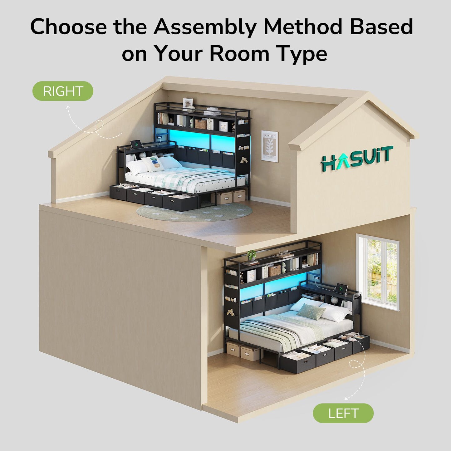 Hasuit | Corner Bed Frame with 4 Storage Drawers and LED Lights Convertible Twin Size Platform Bed with Bookcase Shelf and Coat Rack