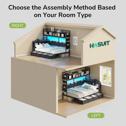 Hasuit | Corner Bed Frame with 4 Storage Drawers and LED Lights Convertible Twin Size Platform Bed with Bookcase Shelf and Coat Rack