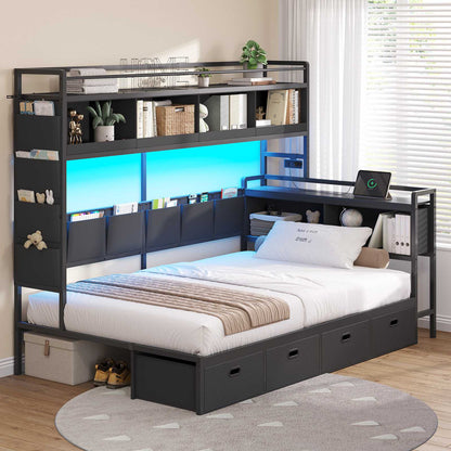 Hasuit | Corner Bed Frame with 4 Storage Drawers and LED Lights Convertible Twin Size Platform Bed with Bookcase Shelf and Coat Rack