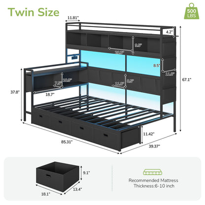 Hasuit | Corner Bed Frame with 4 Storage Drawers and LED Lights Convertible Twin Size Platform Bed with Bookcase Shelf and Coat Rack
