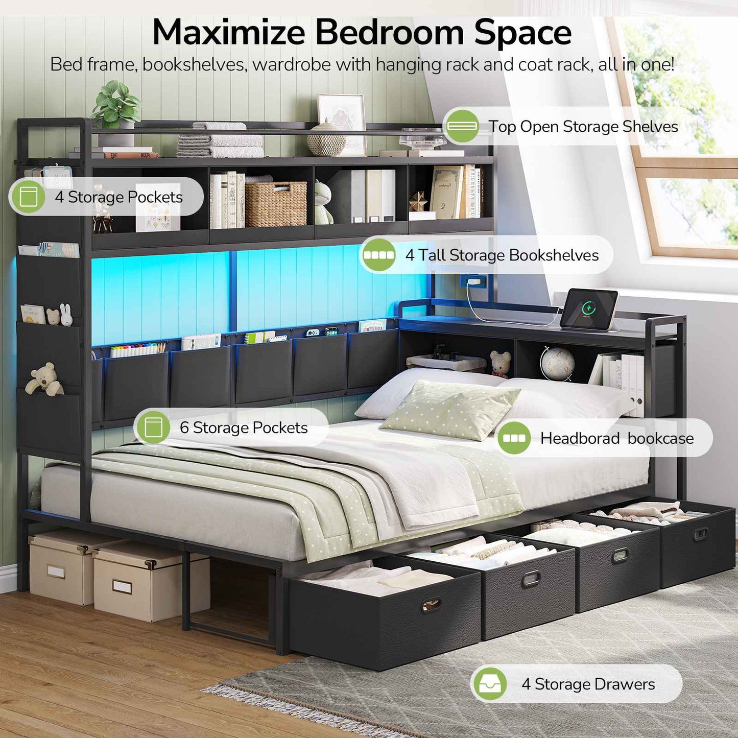 Hasuit | Corner Bed Frame with 4 Storage Drawers and LED Lights Convertible Twin Size Platform Bed with Bookcase Shelf and Coat Rack