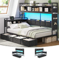 Hasuit | Corner Bed Frame with 4 Storage Drawers and LED Lights Convertible Twin Size Platform Bed with Bookcase Shelf and Coat Rack