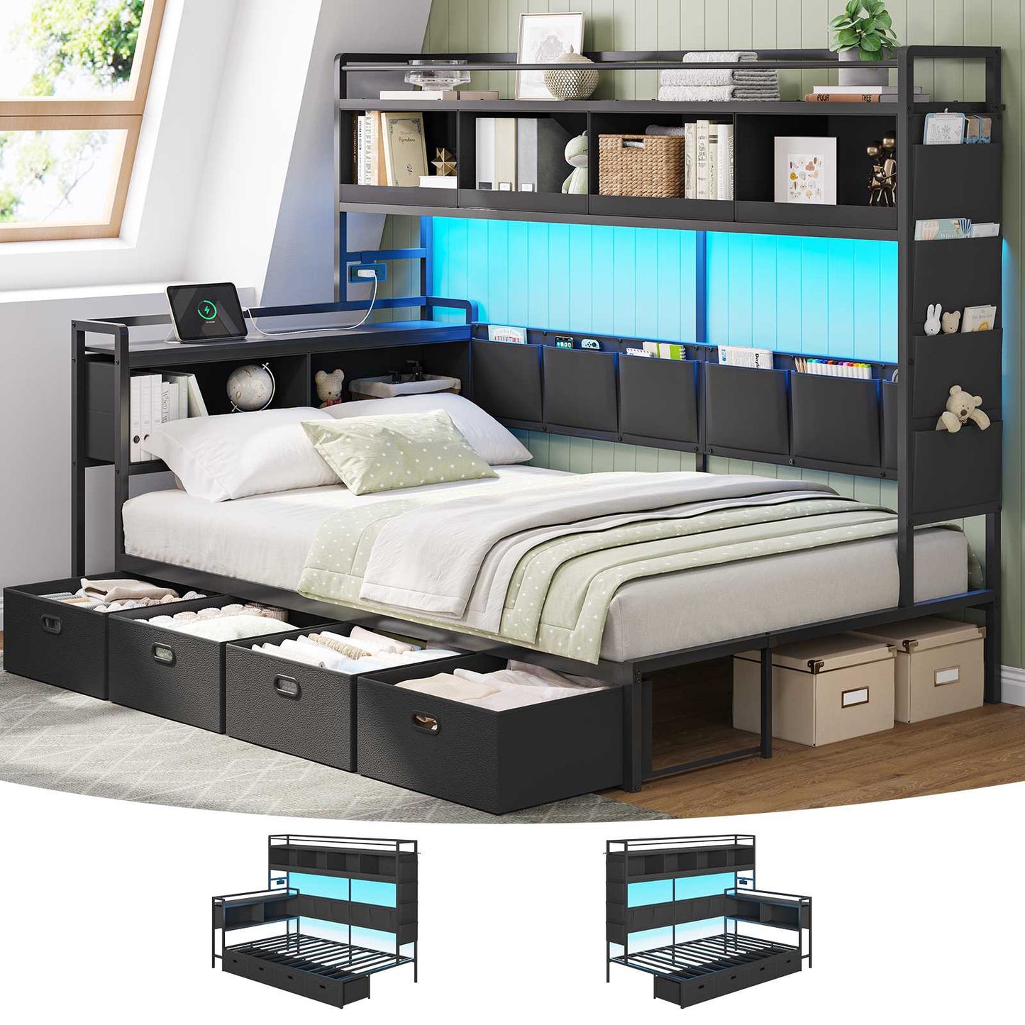 Hasuit | Corner Bed Frame with 4 Storage Drawers and LED Lights Convertible Twin Size Platform Bed with Bookcase Shelf and Coat Rack