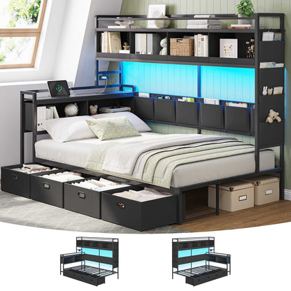 Hasuit | Corner Bed Frame with 4 Storage Drawers and LED Lights Convertible Twin Size Platform Bed with Bookcase Shelf and Coat Rack