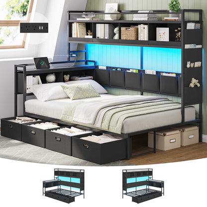 Hasuit | Corner Bed Frame with 4 Storage Drawers and LED Lights Convertible Twin Size Platform Bed with Bookcase Shelf and Coat Rack
