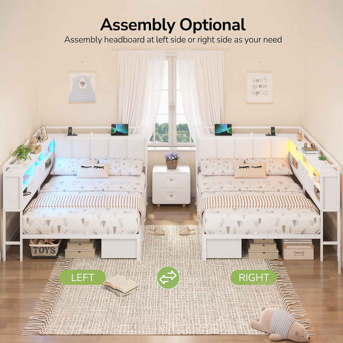 Hasuit | Corner Bed Frame with 3 Storage Drawers Convertible Daybed with Upholstered and Storage Headboard White