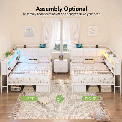Hasuit | Corner Bed Frame with 3 Storage Drawers Convertible Daybed with Upholstered and Storage Headboard White
