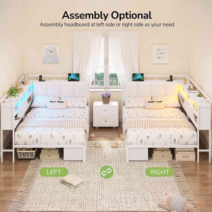 Hasuit | Corner Bed Frame with 3 Storage Drawers Convertible Daybed with Upholstered and Storage Headboard White