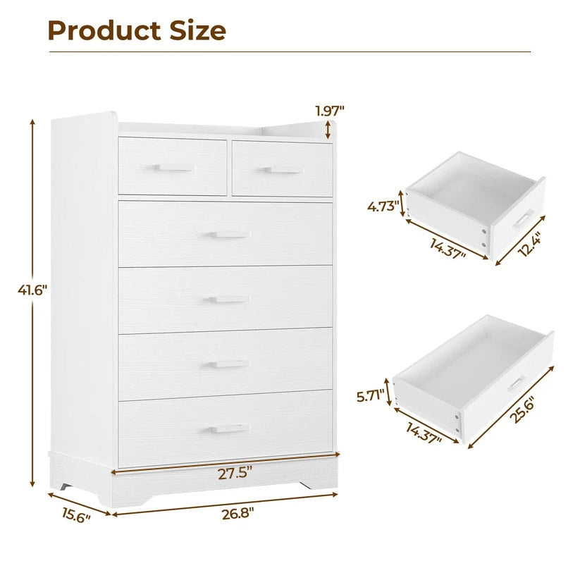 Hasuit | 26.8 Inch Dresser Wooden Storage Chest of 6 Drawers Vertical Large Capacity Clothing Storage Organizer Tall Dressers