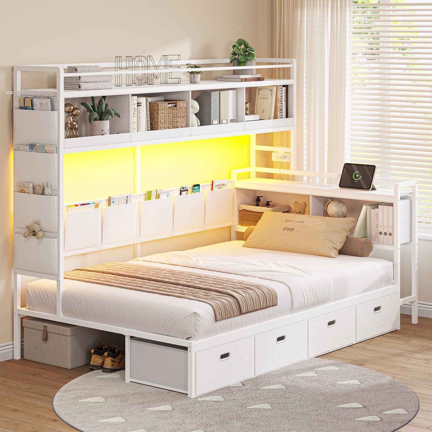 Hasuit | Corner Bed Frame with 4 Storage Drawers and LED Lights Convertible Twin Size Platform Bed with Bookcase Shelf and Coat Rack