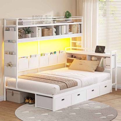 Hasuit | Corner Bed Frame with 4 Storage Drawers and LED Lights Convertible Twin Size Platform Bed with Bookcase Shelf and Coat Rack