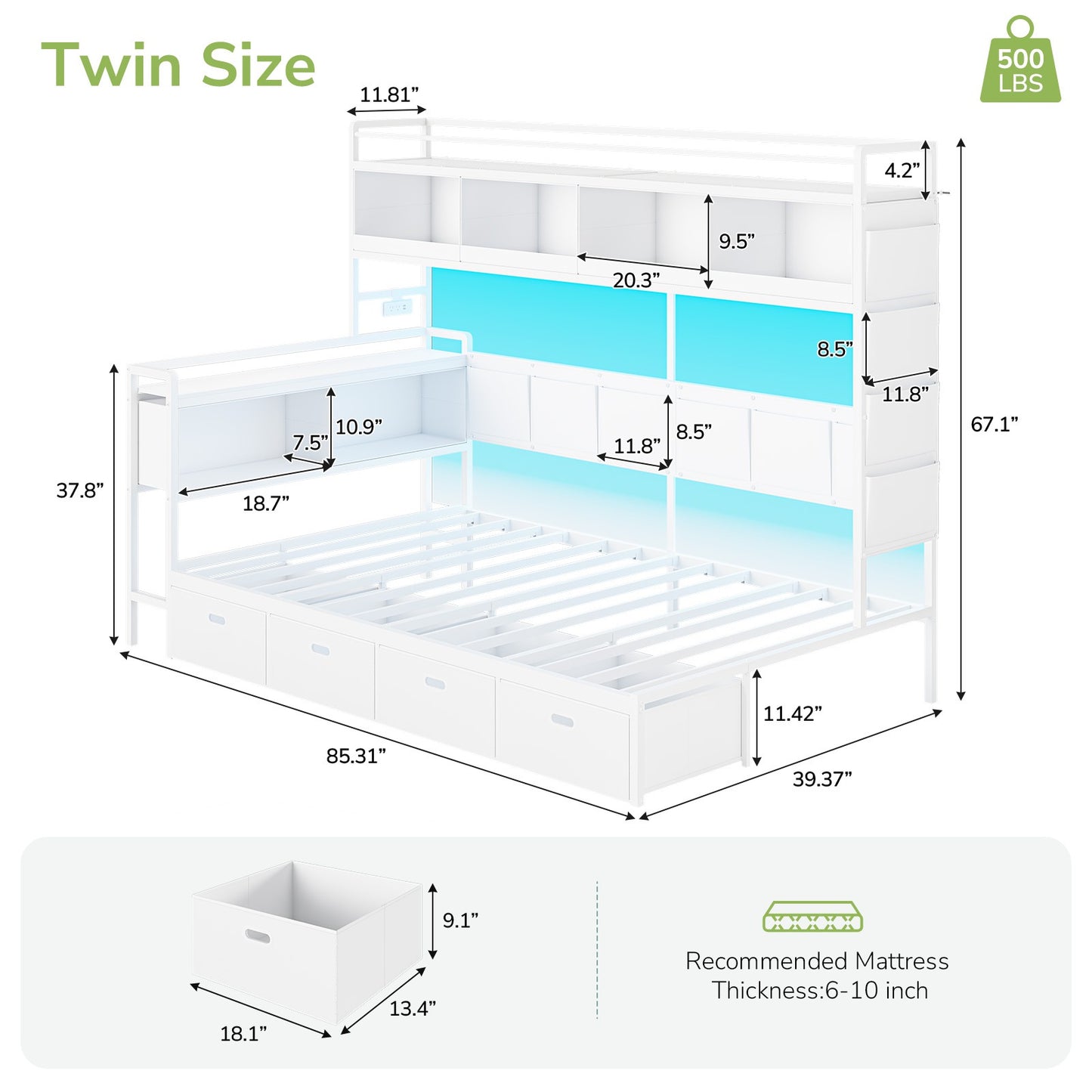 Hasuit | Corner Bed Frame with 4 Storage Drawers and LED Lights Convertible Twin Size Platform Bed with Bookcase Shelf and Coat Rack