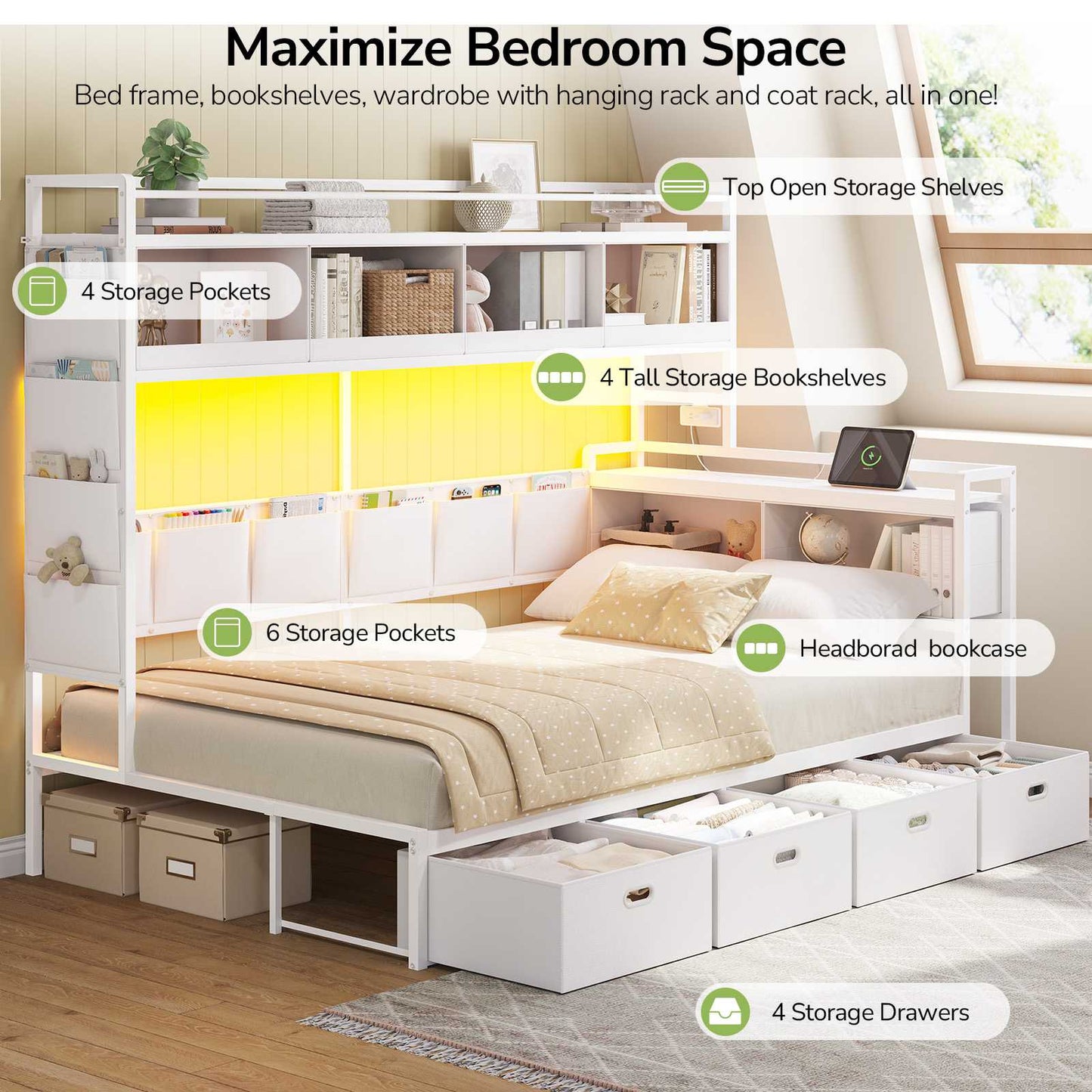 Hasuit | Corner Bed Frame with 4 Storage Drawers and LED Lights Convertible Twin Size Platform Bed with Bookcase Shelf and Coat Rack