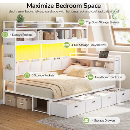 Hasuit | Corner Bed Frame with 4 Storage Drawers and LED Lights Convertible Twin Size Platform Bed with Bookcase Shelf and Coat Rack