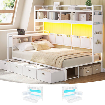 Hasuit | Corner Bed Frame with 4 Storage Drawers and LED Lights Convertible Twin Size Platform Bed with Bookcase Shelf and Coat Rack