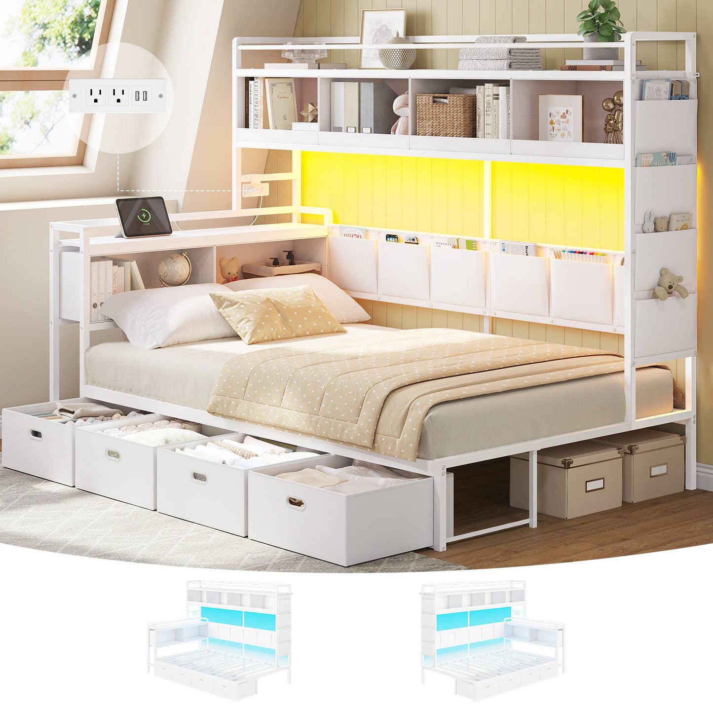 Hasuit | Corner Bed Frame with 4 Storage Drawers and LED Lights Convertible Twin Size Platform Bed with Bookcase Shelf and Coat Rack
