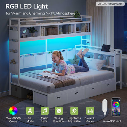 Hasuit | Corner Bed Frame with 4 Storage Drawers and LED Lights Convertible Twin Size Platform Bed with Bookcase Shelf and Coat Rack