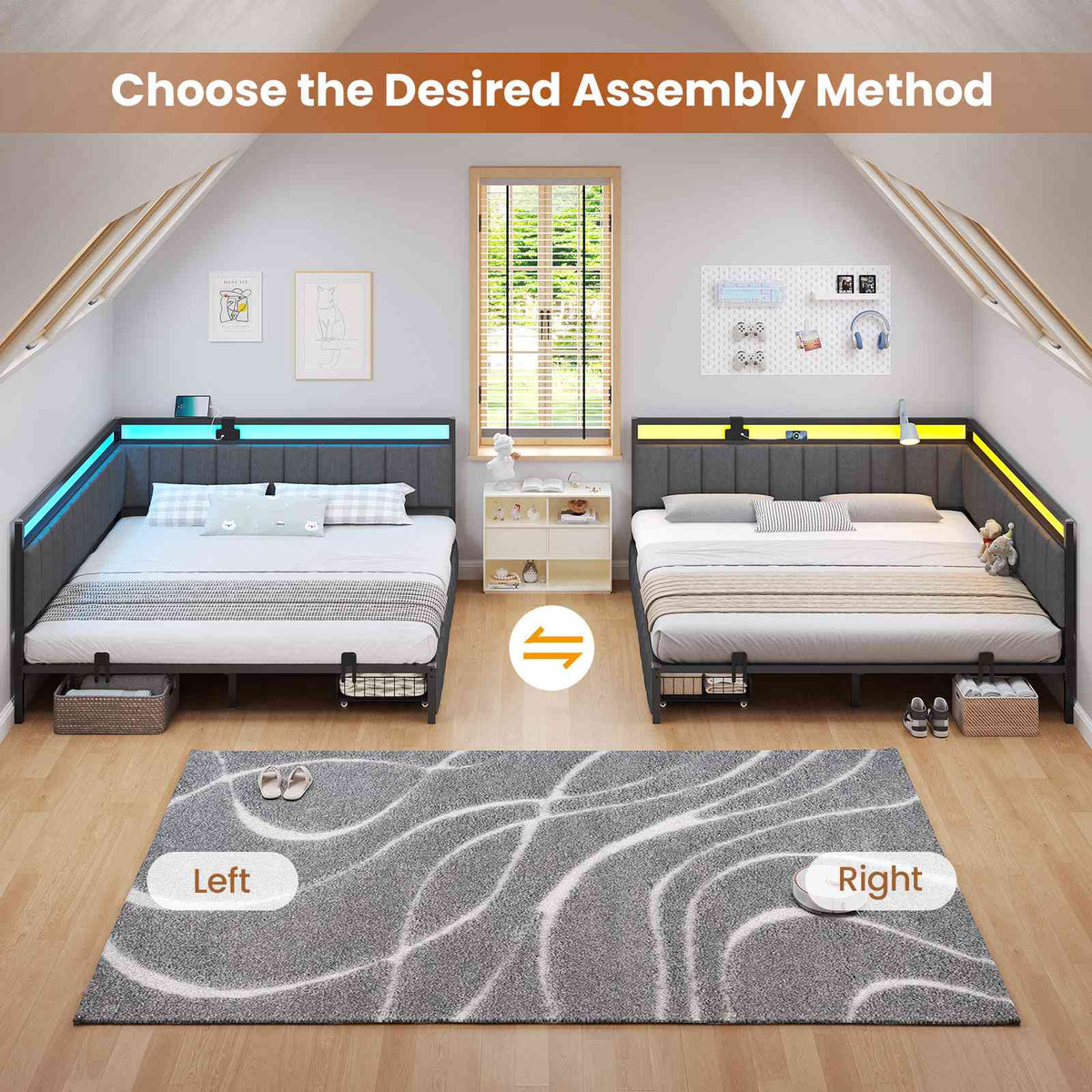 Hasuit | Corner Bed Frame with Storage Drawers Daybed with Line Fabric Upholstered Fence Kids Bed with LED Light and Charging Station Gray