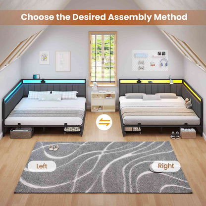 Hasuit | Corner Bed Frame with Storage Drawers Daybed with Line Fabric Upholstered Fence Kids Bed with LED Light and Charging Station Gray
