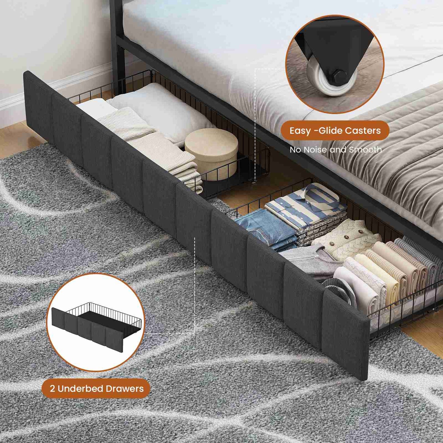 Hasuit | Corner Bed Frame with Storage Drawers Daybed with Line Fabric Upholstered Fence Kids Bed with LED Light and Charging Station Gray