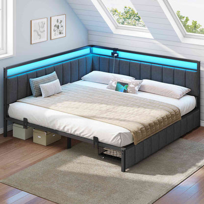 Hasuit | Corner Bed Frame with Storage Drawers Daybed with Line Fabric Upholstered Fence Kids Bed with LED Light and Charging Station Gray