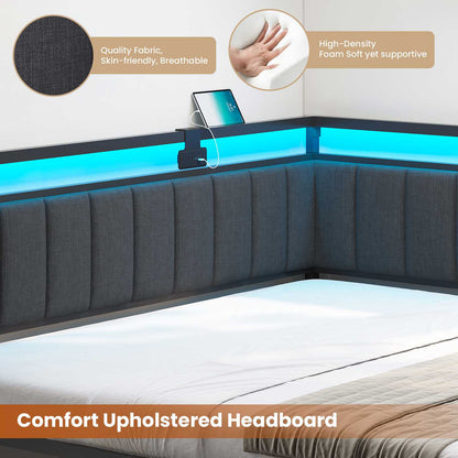 Hasuit | Corner Bed Frame with Storage Drawers Daybed with Line Fabric Upholstered Fence Kids Bed with LED Light and Charging Station Gray