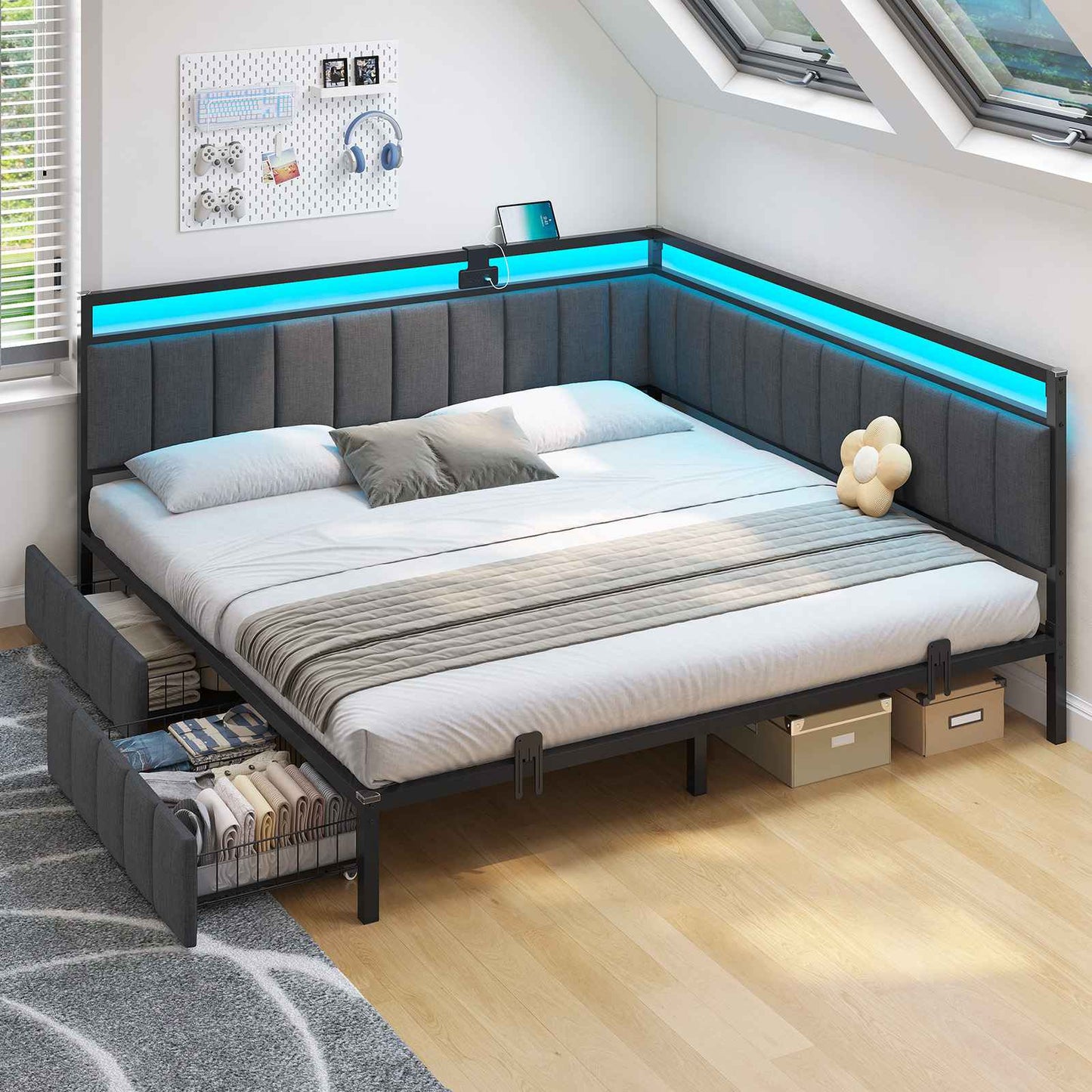 Hasuit | Corner Bed Frame with Storage Drawers Daybed with Line Fabric Upholstered Fence Kids Bed with LED Light and Charging Station Gray