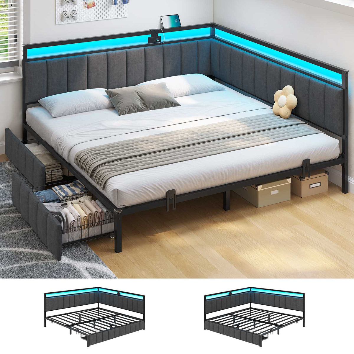 Hasuit | Corner Bed Frame with Storage Drawers Daybed with Line Fabric Upholstered Fence Kids Bed with LED Light and Charging Station Gray