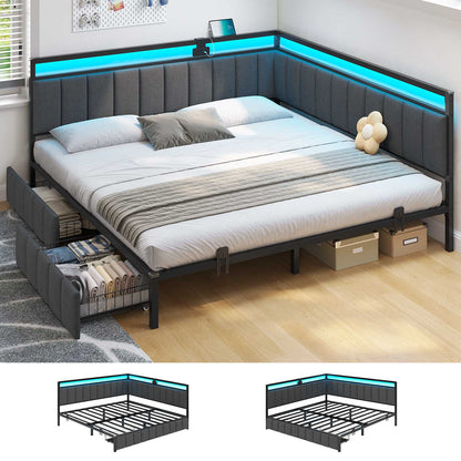 Hasuit | Corner Bed Frame with Storage Drawers Daybed with Line Fabric Upholstered Fence Kids Bed with LED Light and Charging Station Gray