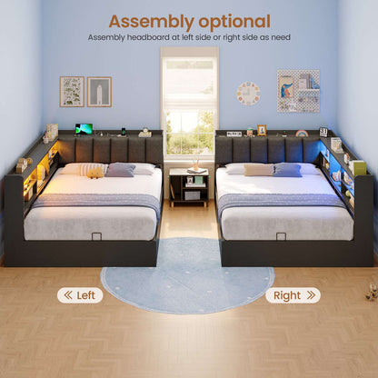 Hasuit | Corner Bed Frame with Storage Drawers and Bookcase Full Size Convertible Bed Frame with Power Outlet and LED Lights