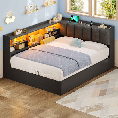 Hasuit | Corner Bed Frame with Storage Drawers and Bookcase Full Size Convertible Bed Frame with Power Outlet and LED Lights