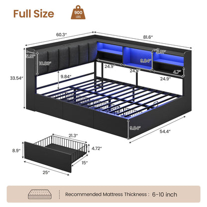 Hasuit | Corner Bed Frame with Storage Drawers and Bookcase Full Size Convertible Bed Frame with Power Outlet and LED Lights