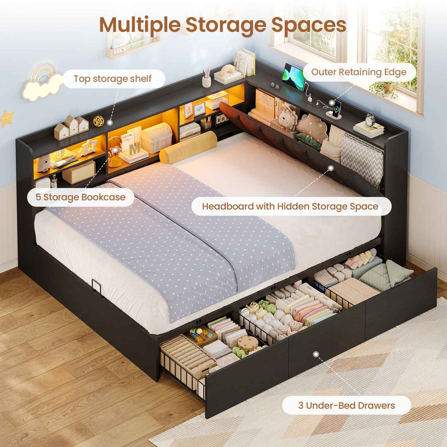 Hasuit | Corner Bed Frame with Storage Drawers and Bookcase Full Size Convertible Bed Frame with Power Outlet and LED Lights