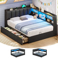 Hasuit | Corner Bed Frame with Storage Drawers and Bookcase Full Size Convertible Bed Frame with Power Outlet and LED Lights