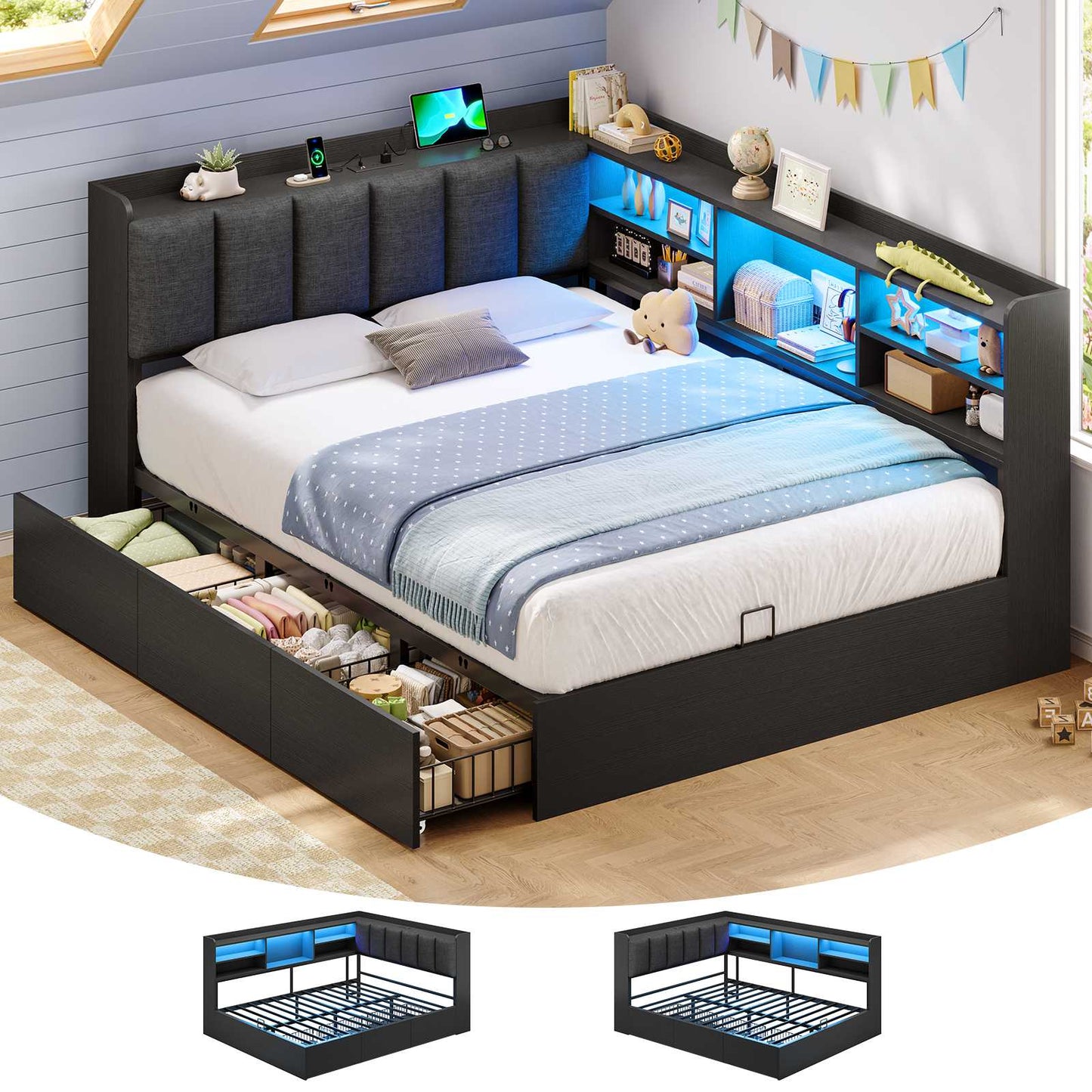 Hasuit | Corner Bed Frame with Storage Drawers and Bookcase Full Size Convertible Bed Frame with Power Outlet and LED Lights